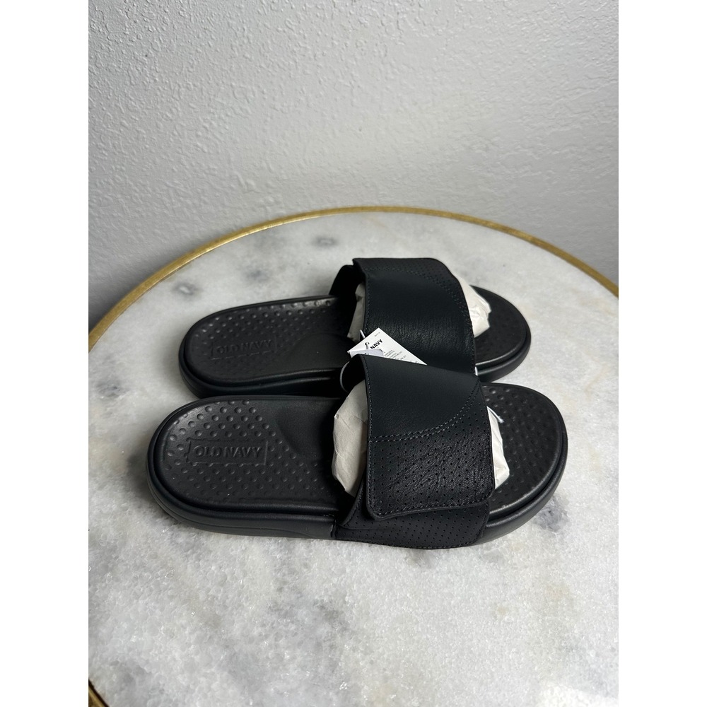Old Navy Mens Black Perforated Faux Leather Slide Sandals Adjustable Strap 1/2
